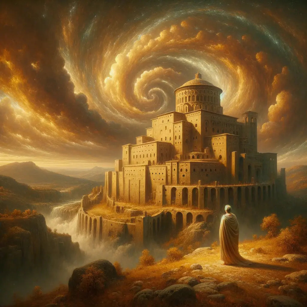 A Roman philosopher stands serenely in front of a stone fortress, symbolizing inner peace amidst chaos, in a cinematic style reminiscent of 1960s historical films.