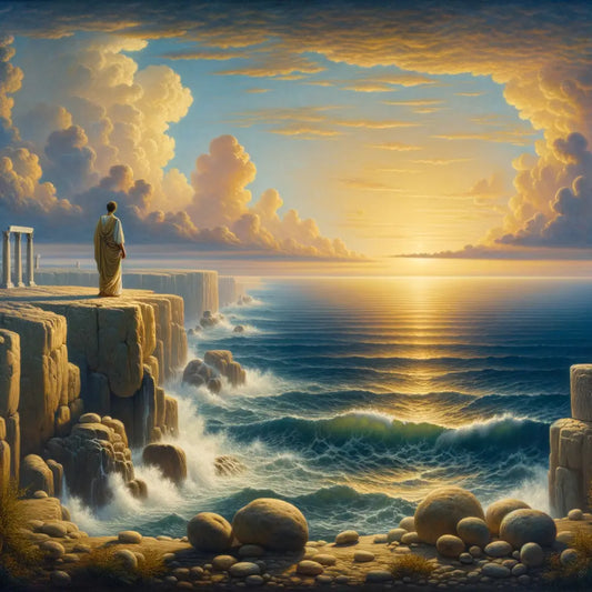 A Roman figure in a toga stands on a cliff, gazing out over a serene ocean horizon, symbolizing Stoic reflection on death, in 1960s film epic style.
