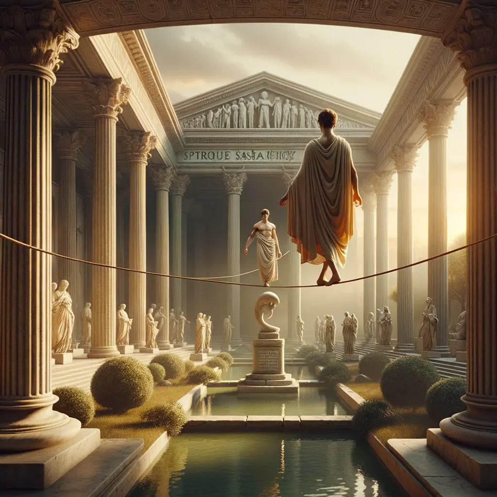 Tightrope walker in a Roman garden symbolizing Stoic balance and mastery over emotions, in the style of a 1960s historical epic.