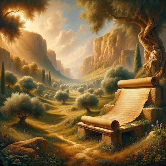 An ancient scroll with quotes from Marcus Aurelius's Meditations, surrounded by serene nature, symbolizing Stoic philosophy.