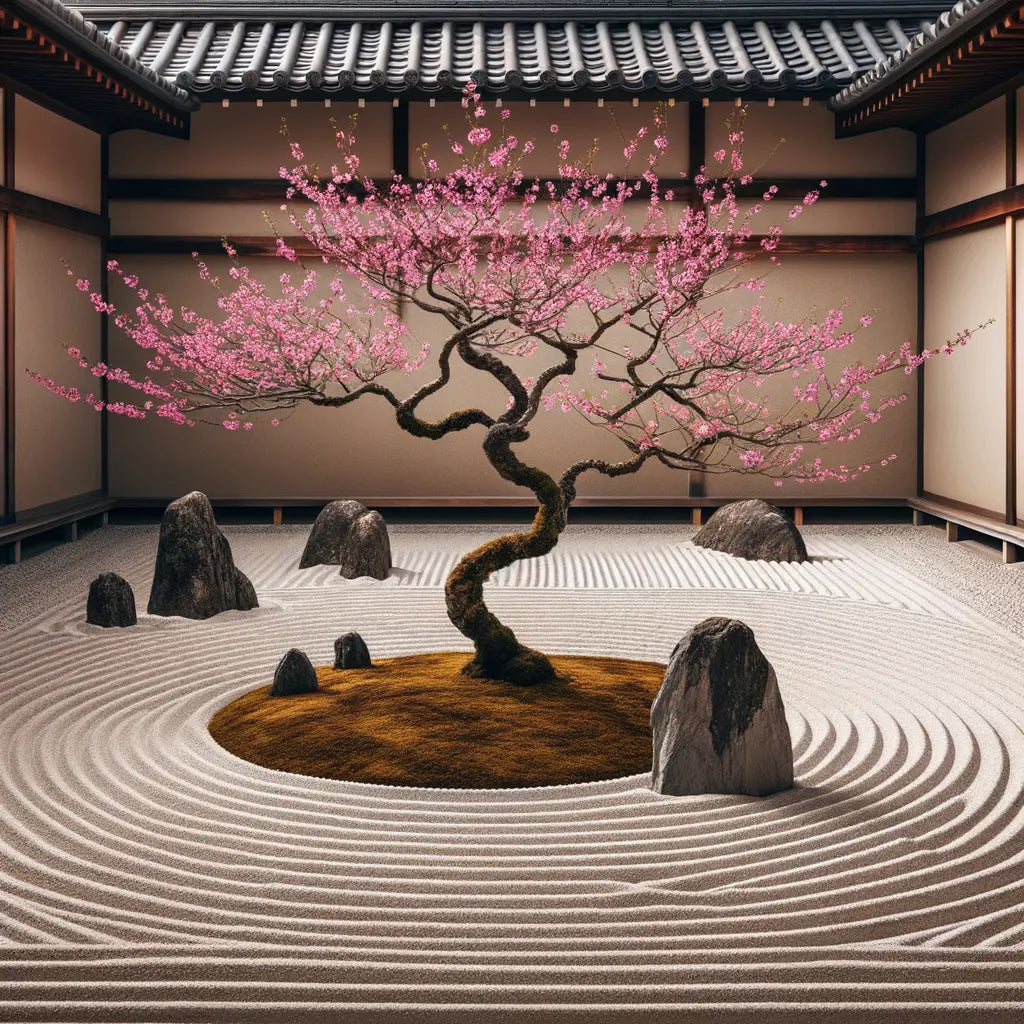 A minimalist zen garden with raked sand, rocks, and a cherry blossom tree.