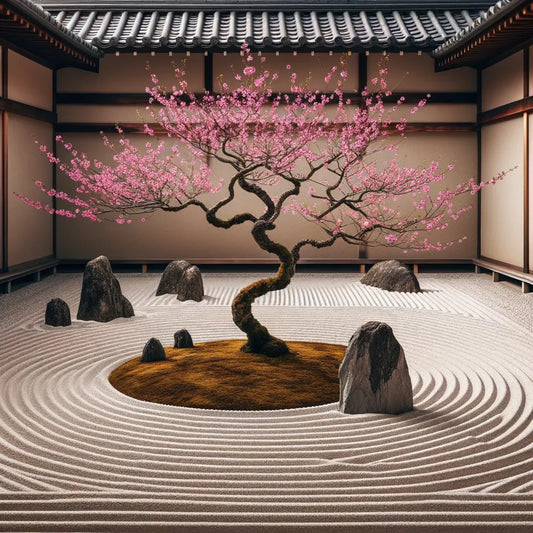 A minimalist zen garden with raked sand, rocks, and a cherry blossom tree.