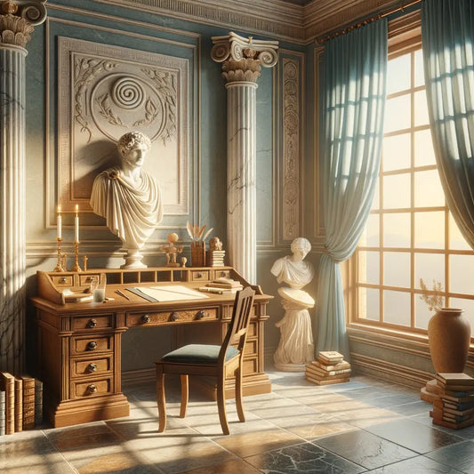 Elegant Stoic-inspired workspace with muted colors, a wooden desk, Roman columns, and calming elements promoting tranquility.