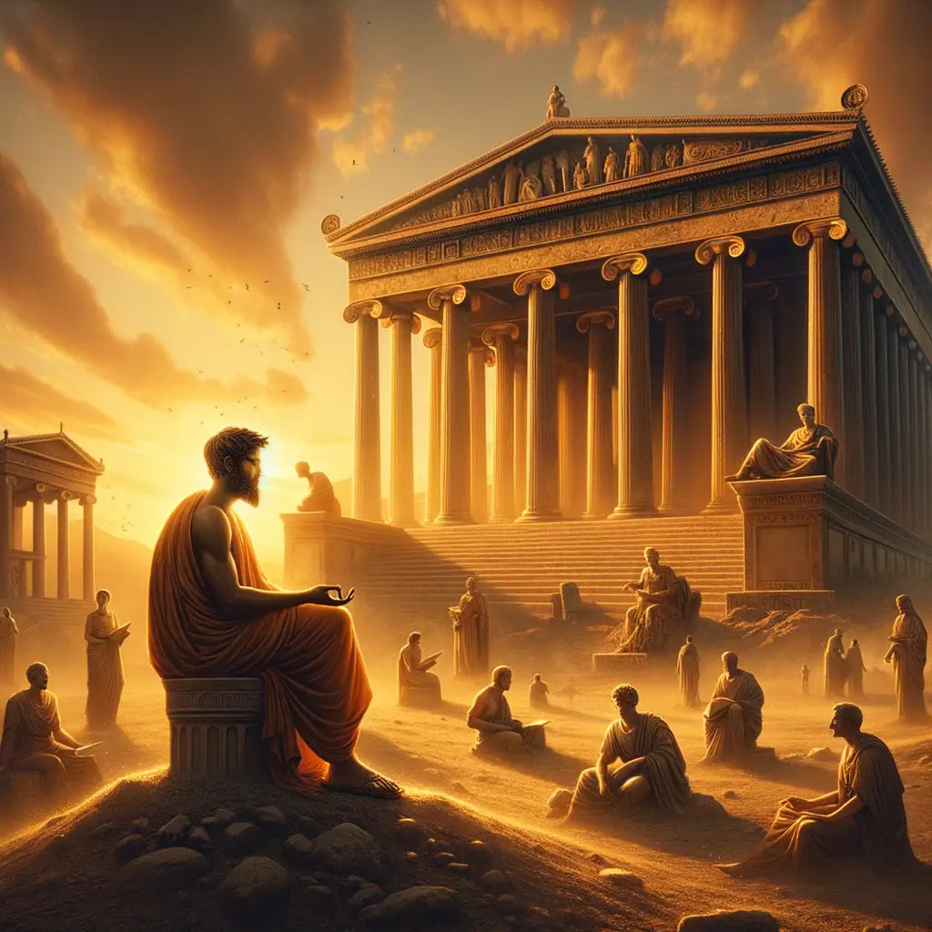 A serene philosopher meditating in an ancient Athenian landscape, surrounded by classical architecture, inspired by 1960s historical film style.