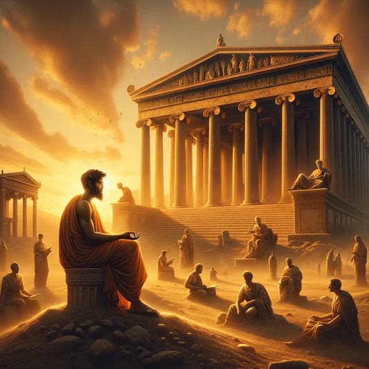 A serene philosopher meditating in an ancient Athenian landscape, surrounded by classical architecture, inspired by 1960s historical film style.
