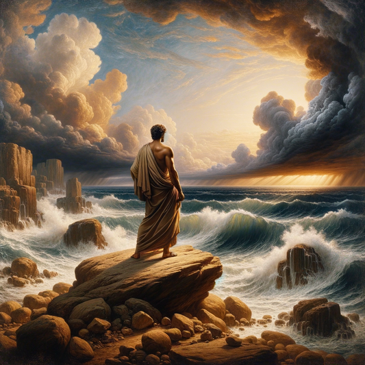 A stoic philosopher in a toga stands calmly before a stormy sea, with dramatic clouds above, embodying the principles of Stoicism in a scene reminiscent of classic historical films.