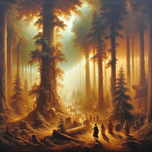 Panoramic painting of the Black Forest enveloped in mystical fog, with Roman figures amidst towering trees, inspired by classical historical films.