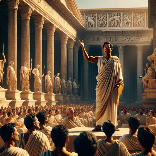 A Roman senator speaking at the forum, surrounded by ancient Roman architecture.