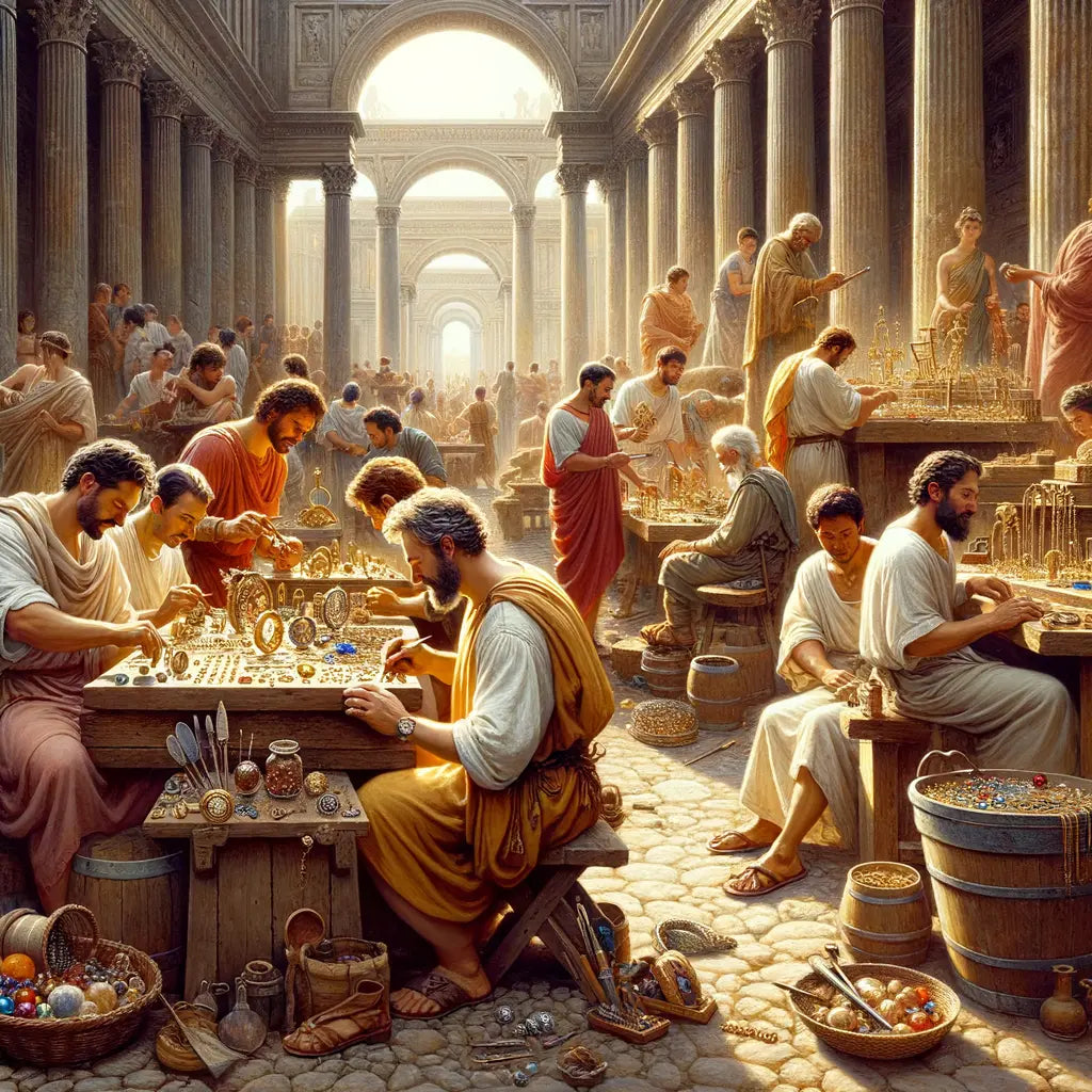 Ancient Roman artisans crafting jewelry in a bustling marketplace, framed by grand stone arches and marble columns, inspired by 1960s historical film style.