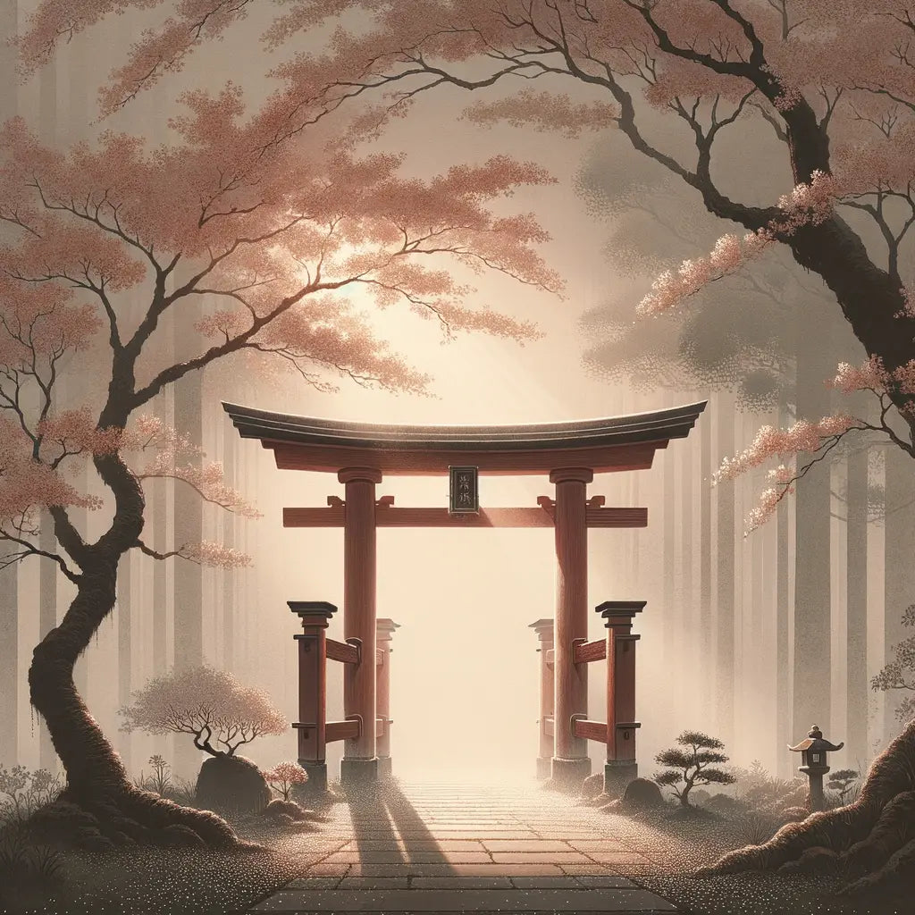 Ein ruhiges Shinto-Torii im Morgendunst, umgeben von blühenden Kirschbäumen — minimalistisch, meditativ und zeitlos schön.