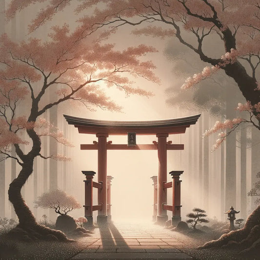 Ein ruhiges Shinto-Torii im Morgendunst, umgeben von blühenden Kirschbäumen — minimalistisch, meditativ und zeitlos schön.