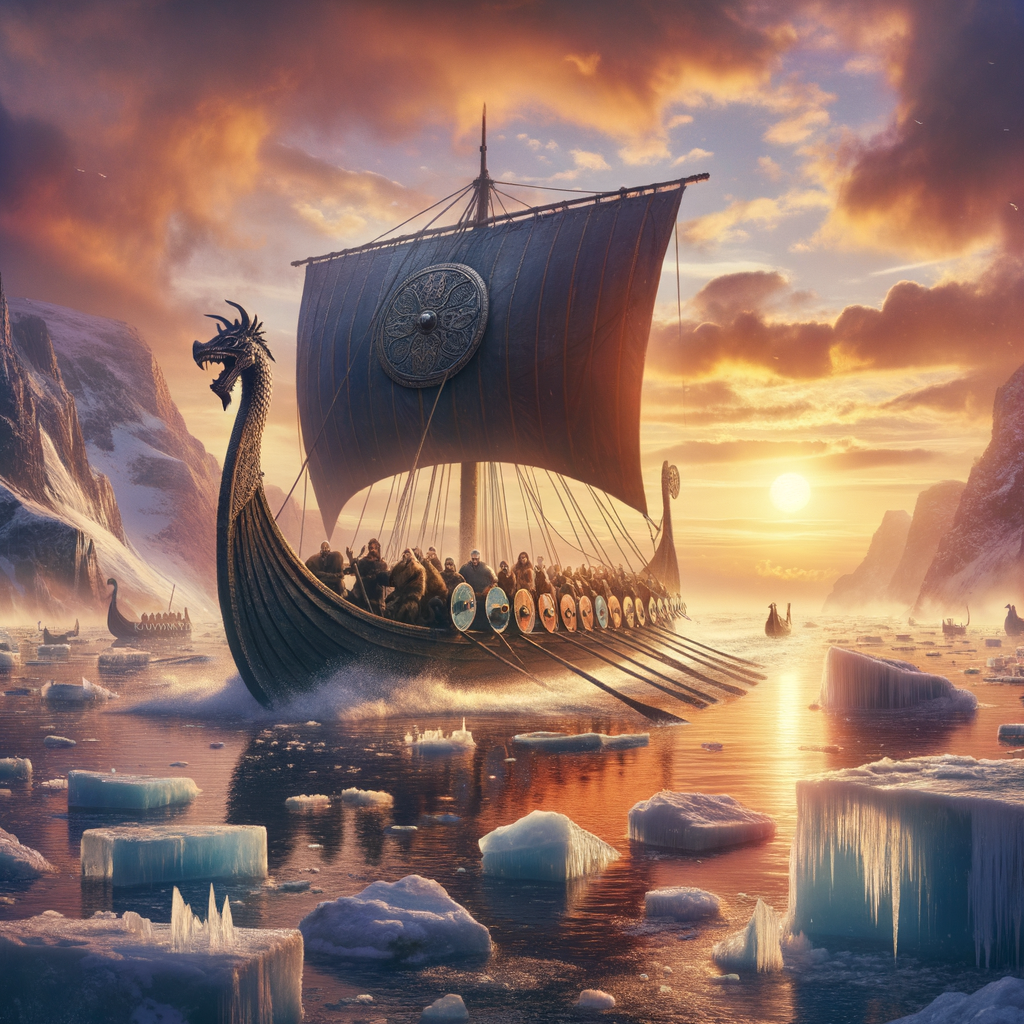 Viking longship with dragon heads sails through icy waters at sunset, crewed by Norse warriors, evoking exploration.