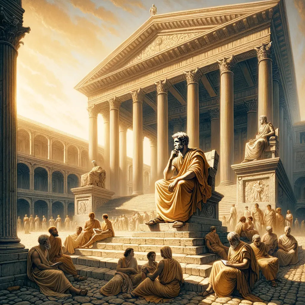 Marcus Aurelius in deep contemplation amidst grand Roman architecture, symbolizing Stoic philosophy, styled like a 1960s historical epic.