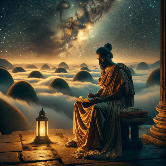 A Roman philosopher in a toga reads under a starlit sky, inspired by Marcus Aurelius' Meditations, with a serene landscape in the background reminiscent of 1960s historical films.