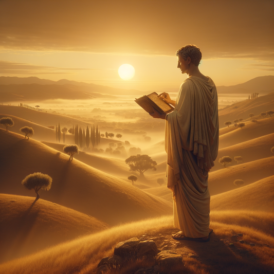 An ancient stoic philosopher holding a journal, gazing at a rising sun in a serene Roman landscape, painted in the style of 1960s historical epics.
