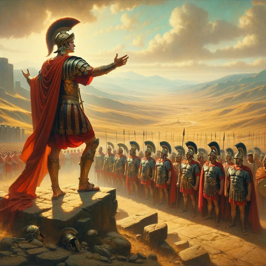 Julius Caesar stands on a rocky outcrop, commanding Roman legionaries on a battlefield in Gaul, reminiscent of a 1960s historical film style.