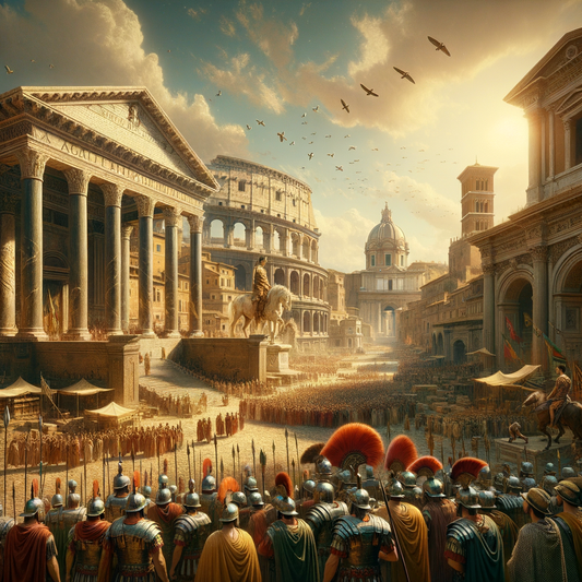 Bustling Roman Forum with soldiers in armor and civilians in togas under bright sunlight, styled like 1960s historical epics.