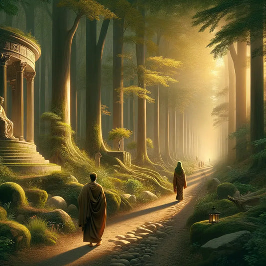 Serene forest path with sunlight filtering through, symbolizing Stoicism and Zen Buddhism, in a style akin to 1960s epic films.