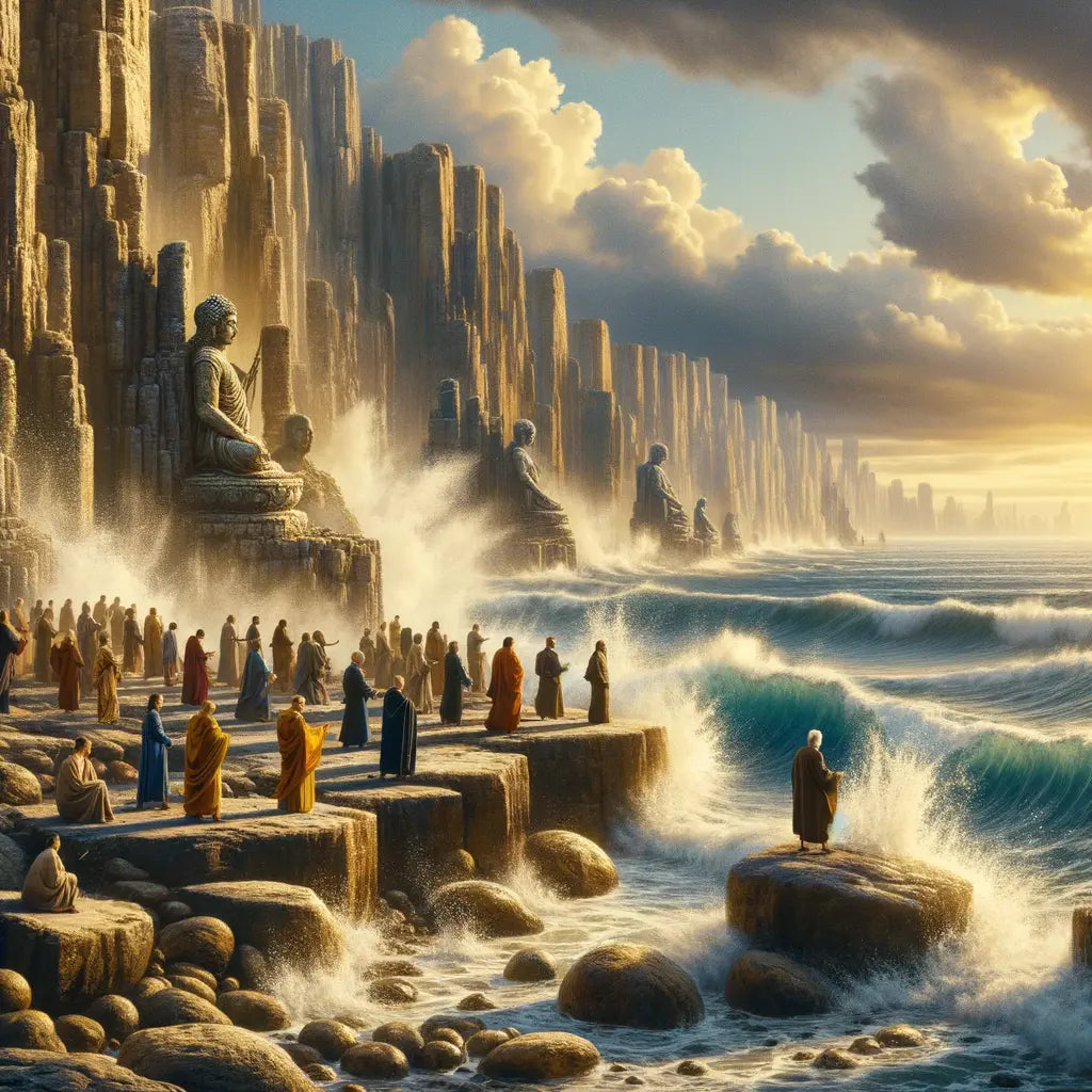 Ancient stone shore with crashing waves, evoking Zen Buddhism and Stoicism, in a cinematic 1960s film style.