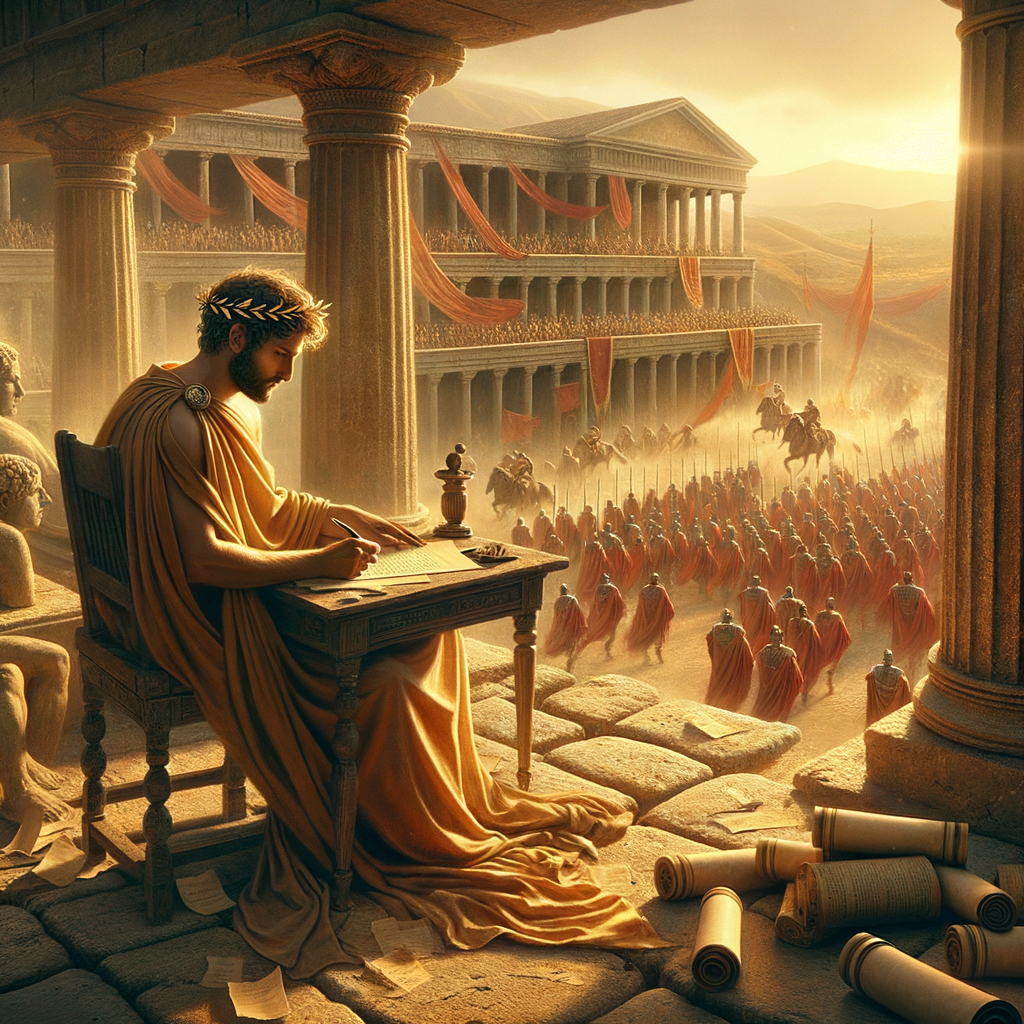 Marcus Aurelius writing at a stone desk overlooking a bustling Roman military camp, with soldiers in the background, inspired by 1960s historical film epics.