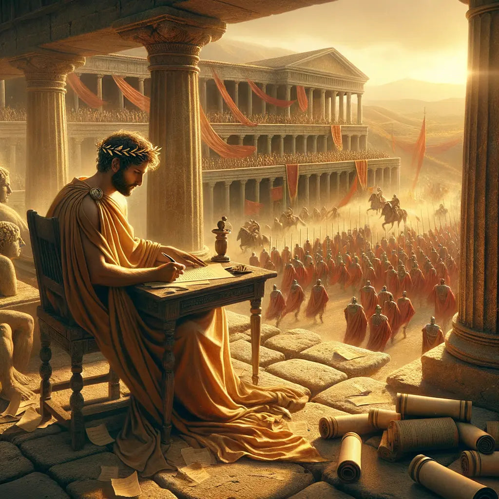 Marcus Aurelius writing at a stone desk overlooking a bustling Roman military camp, with soldiers in the background, inspired by 1960s historical film epics.