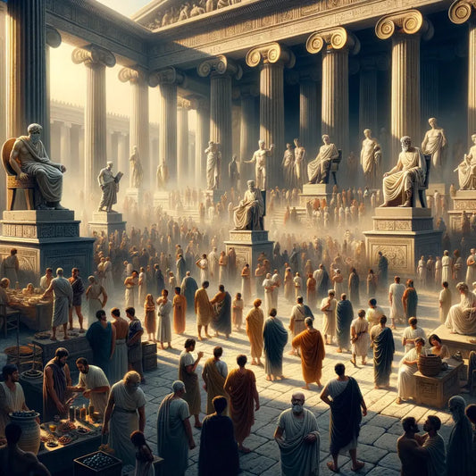 A crowded ancient Athenian market with marble statues and philosophers, symbolizing Stoic wisdom in a style reminiscent of 1960s historical epics.