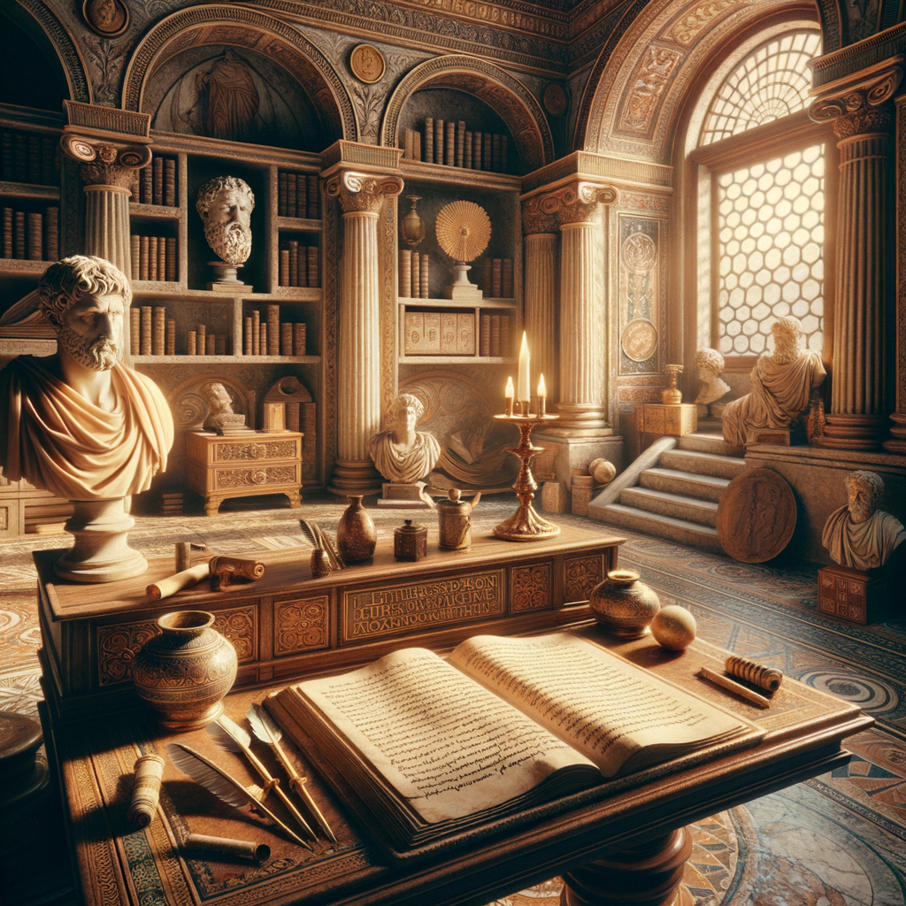 Vintage Roman study with Seneca's 'Letters from a Stoic' open on a wooden desk, surrounded by classical Roman artifacts conveying ancient wisdom.