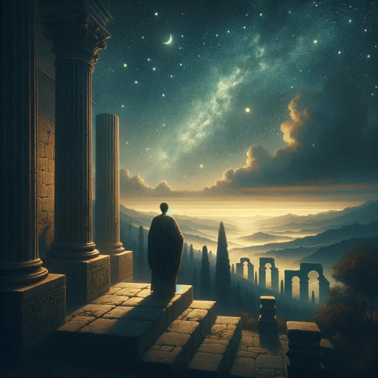 Marcus Aurelius under a starry night sky, engaged in philosophical reflection, in a style inspired by 1960s historical epics.