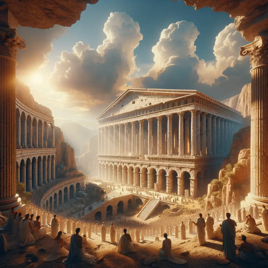 A cinematic painting of the Parthenon and Colosseum, showcasing their grand architecture and historical importance, inspired by 1960s epic films.