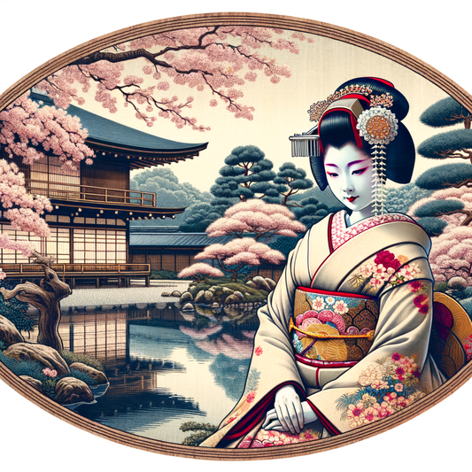 A Geisha dressed in vibrant kimono amidst cherry blossoms in Kyoto.