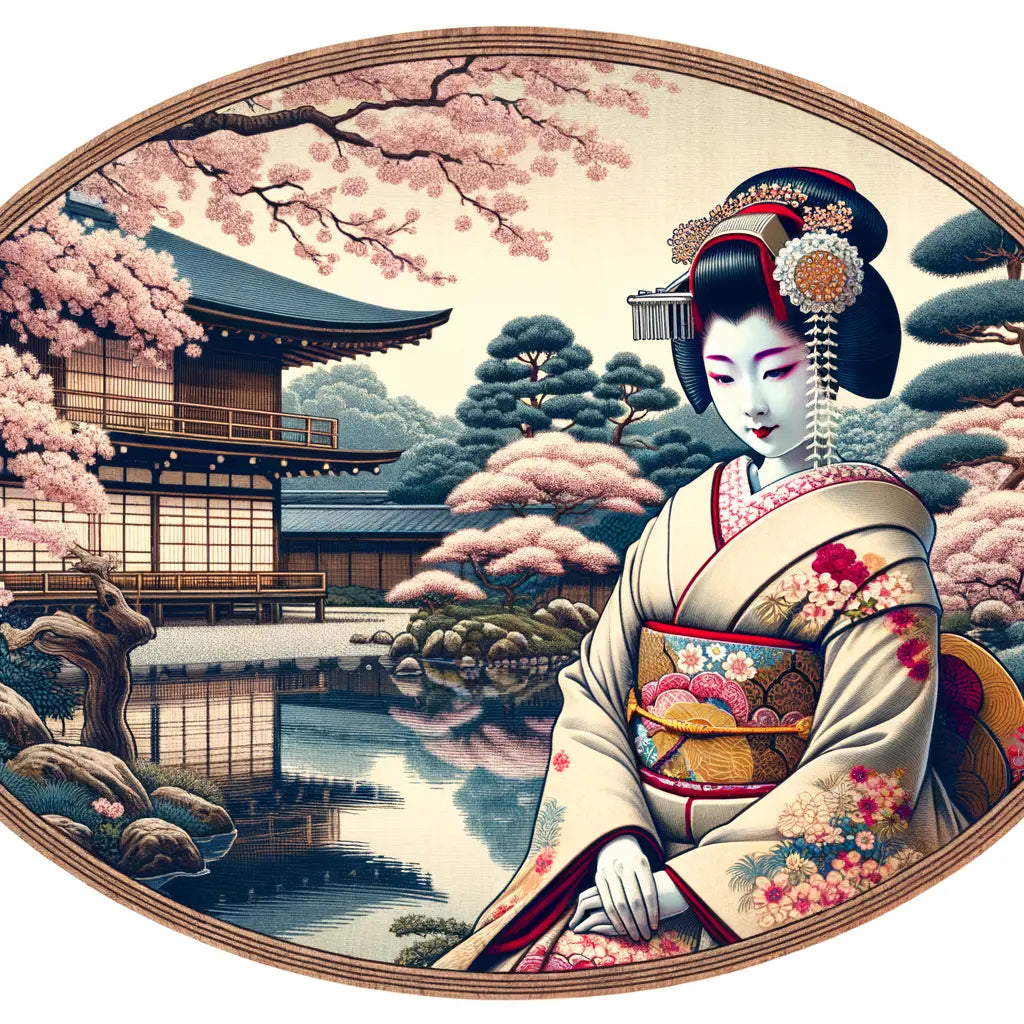 A Geisha dressed in vibrant kimono amidst cherry blossoms in Kyoto.