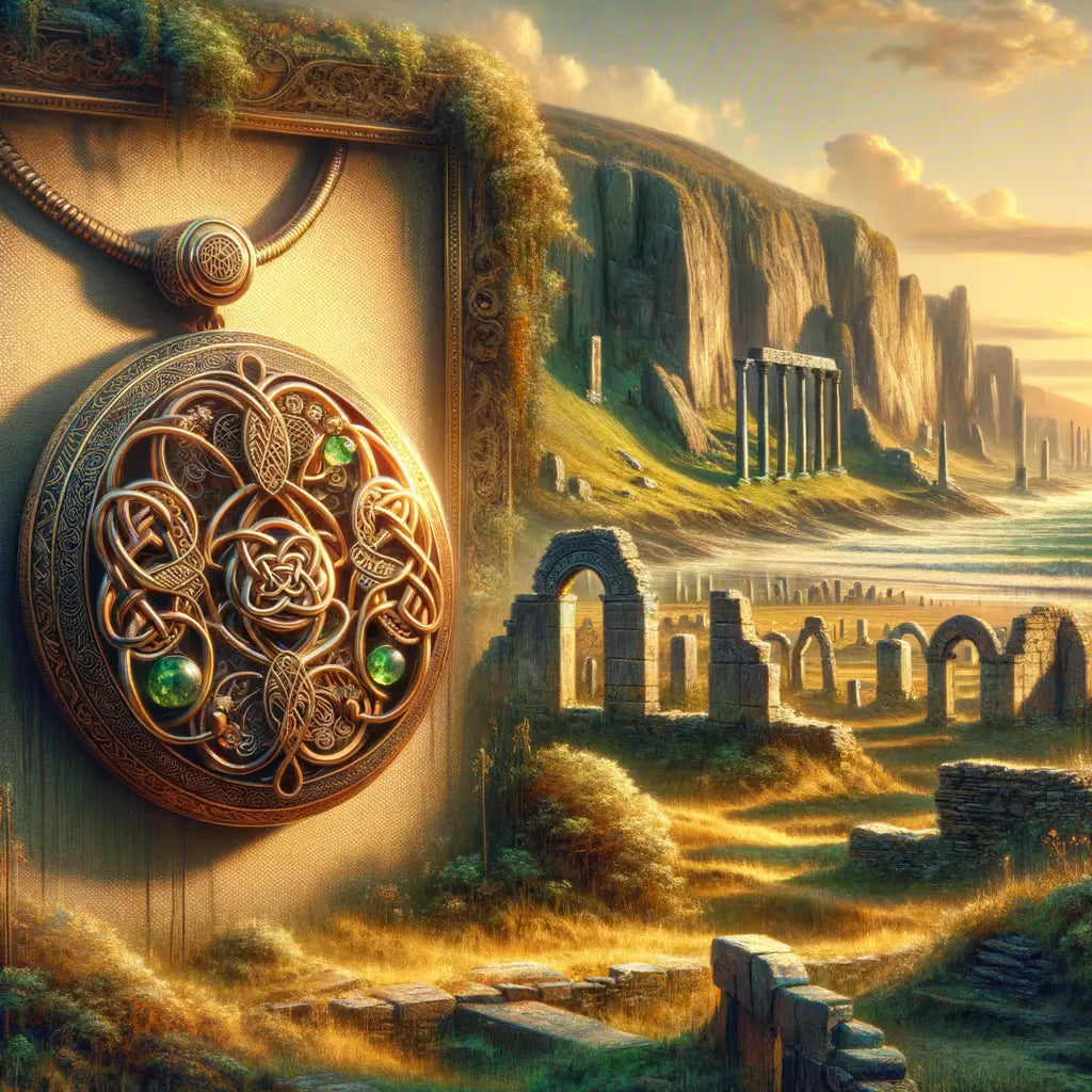 A modern Celtic jewelry piece with intricate knots and a Triskelion, set against ancient Celtic ruins.