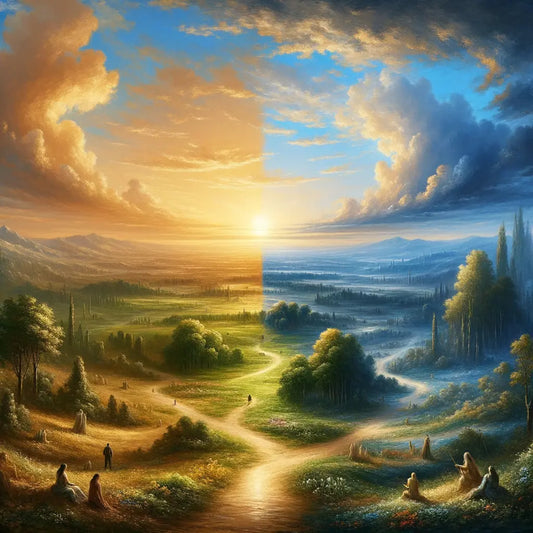Cinematic painting of two diverging paths in a symbolic landscape, representing Carpe Diem and Amor Fati, inspired by classic 1960s historical epics.