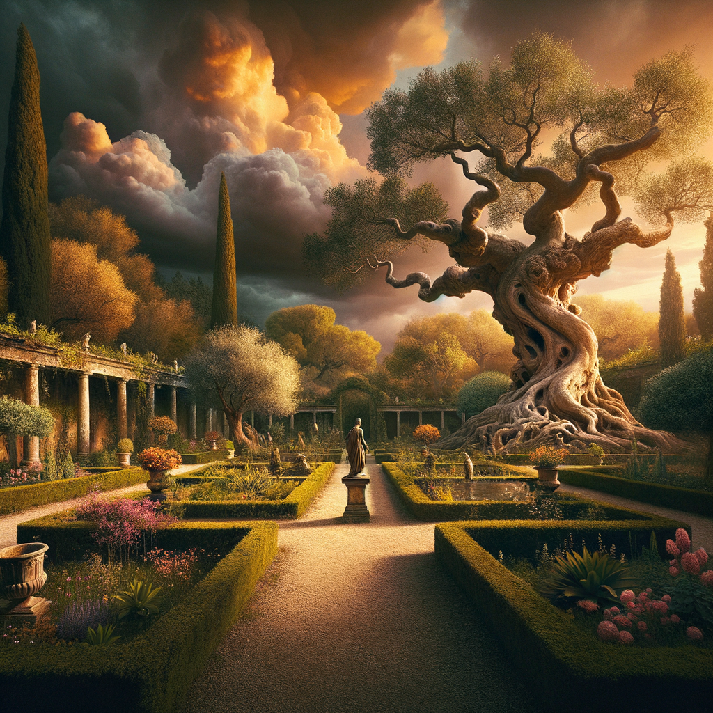 A tranquil garden with rustling leaves, representing Epicurean peace, next to a strong tree weathering a storm, symbolizing Stoic strength, inspired by 1960s epic film style.