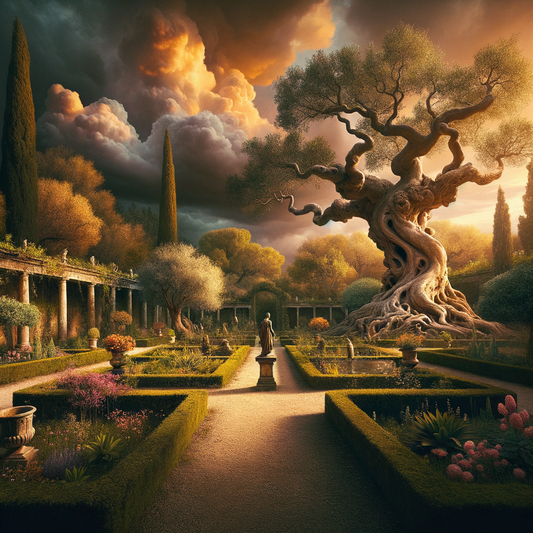 A tranquil garden with rustling leaves, representing Epicurean peace, next to a strong tree weathering a storm, symbolizing Stoic strength, inspired by 1960s epic film style.