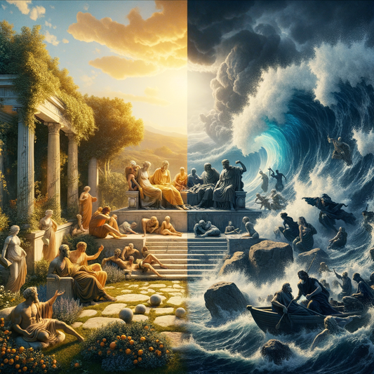 Contrasting Roman scenes: a serene sunlit garden for Epicureanism and a turbulent sea under stormy skies for Stoicism, inspired by classic historical films.