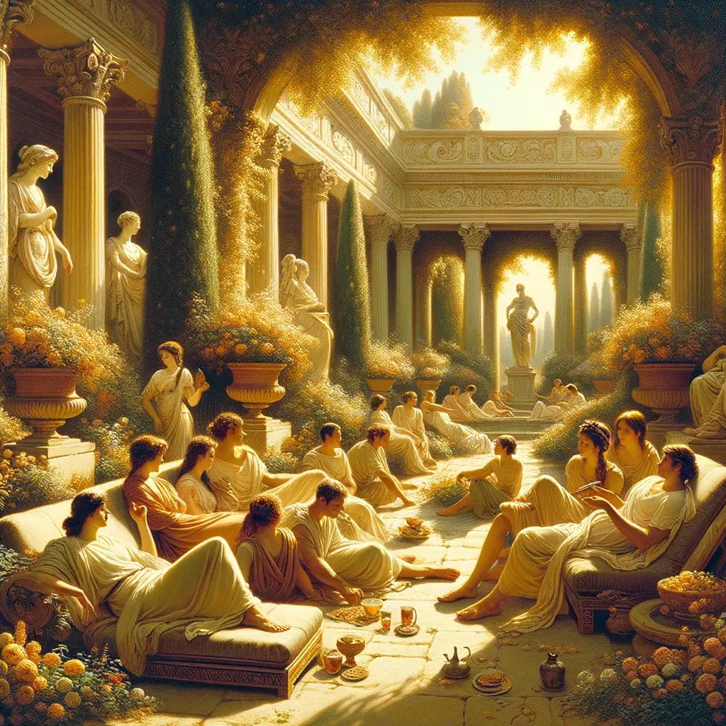 Roman friends enjoying a beautiful garden in the style of 1960s historical film, symbolizing Epicurean pleasure.