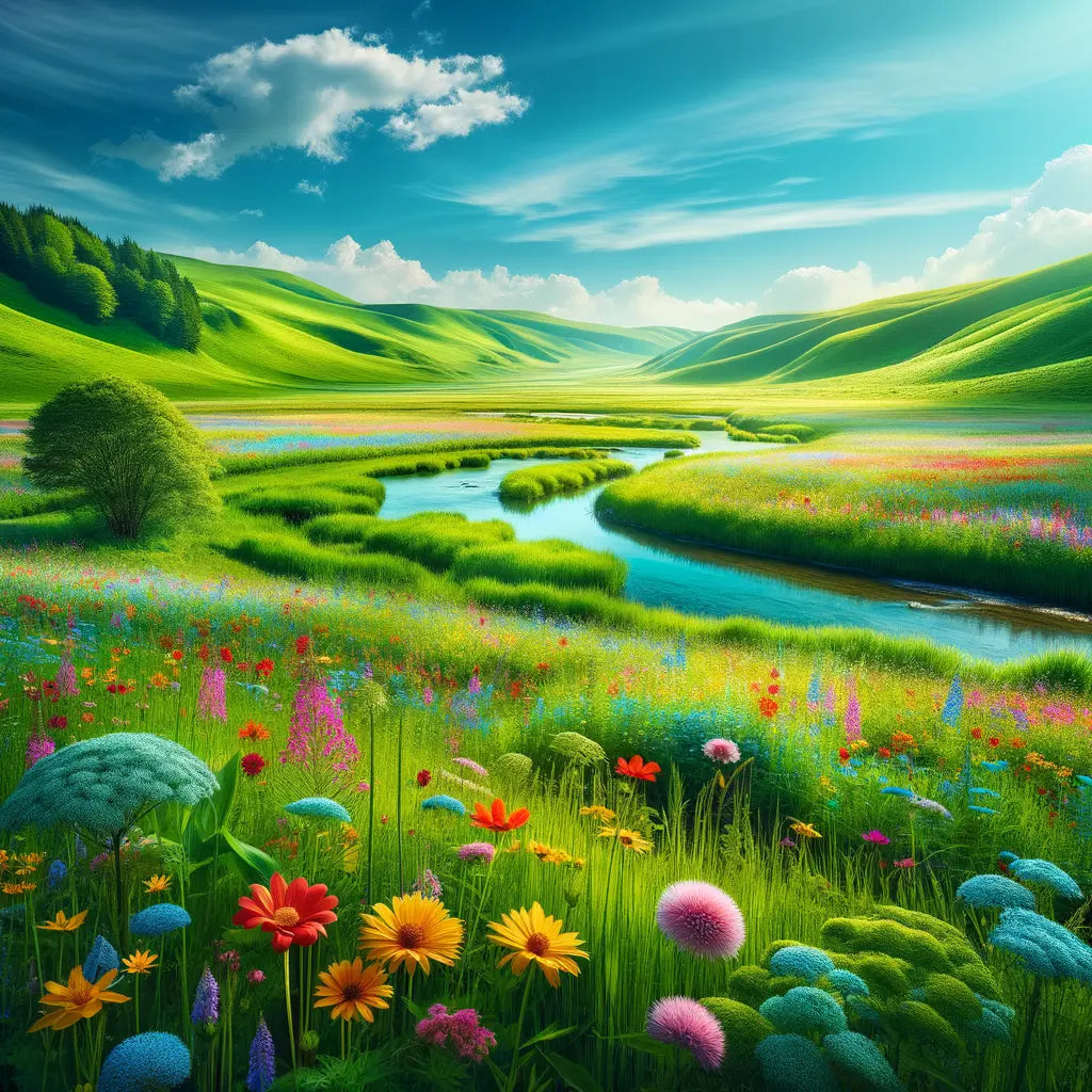 A picturesque view of a meadow with colorful flowers and a river under a blue sky.