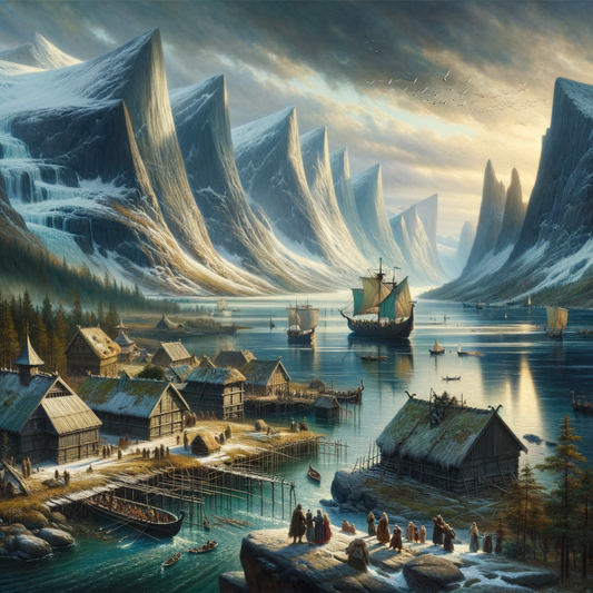 Panoramic view of Nordic landscapes with icy fjords, Viking longships, bustling coastlines, and serene forests, in a 1960s epic film style.