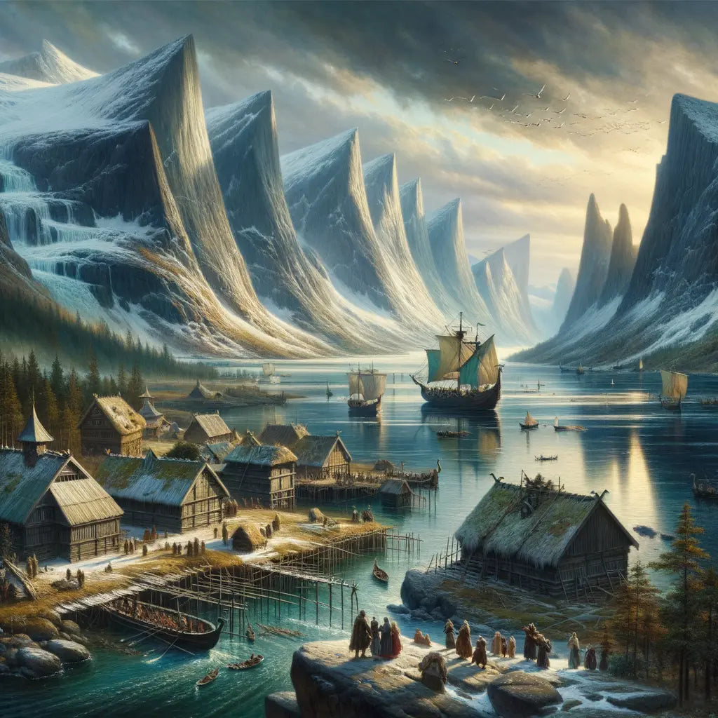 Panoramic view of Nordic landscapes with icy fjords, Viking longships, bustling coastlines, and serene forests, in a 1960s epic film style.