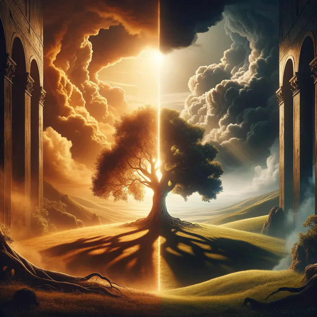 Depiction of the philosophical divide between Nihilism, represented by a dark space, and Stoicism, shown as a resilient tree, inspired by 1960s historical epics.
