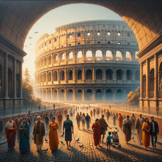 Tourists exploring the Colosseum in Rome, under morning sunlight in a style reminiscent of 1960s historical epic films.