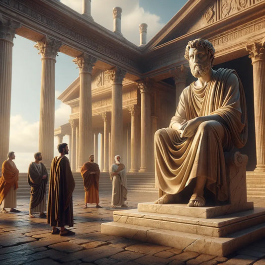 Ancient marble statue of Marcus Aurelius in a thoughtful pose, surrounded by Roman architecture, captured in a 1960s-style epic painting.