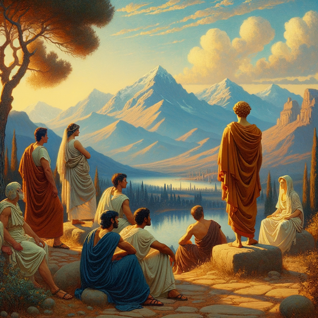 A Roman philosopher in a toga stands before a serene mountain backdrop under a calm sky, symbolizing Stoicism, inspired by 1960s historical film style.