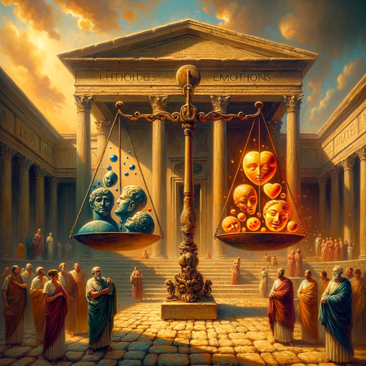 A balance scale with Stoic quotes and emotional symbols in a Roman-inspired scene, symbolizing logic and emotion harmony.