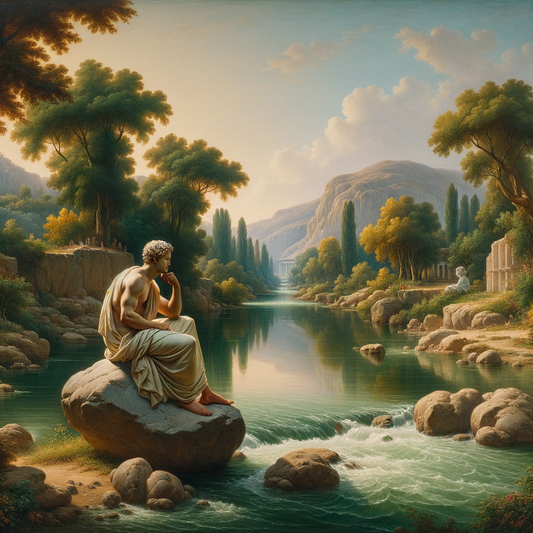 Marcus Aurelius in deep contemplation by a tranquil river in ancient Rome, inspired by classic historical films of the 1960s.
