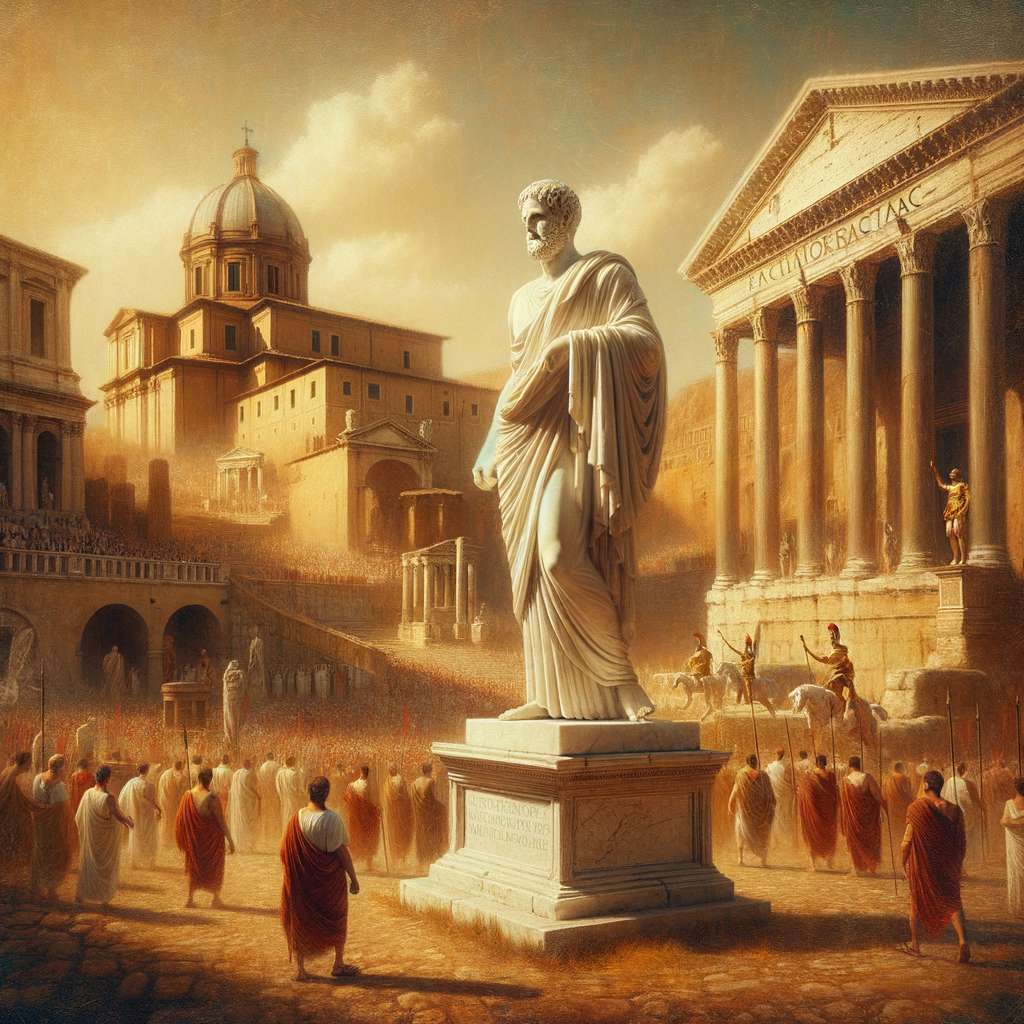 A serene statue of an ancient Greek philosopher amidst the bustling chaos of a Roman forum, painted in a 1960s historical epic film style.