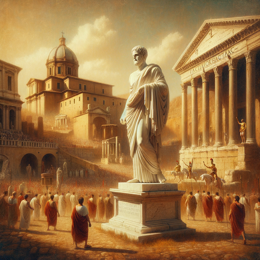 A serene statue of an ancient Greek philosopher amidst the bustling chaos of a Roman forum, painted in a 1960s historical epic film style.