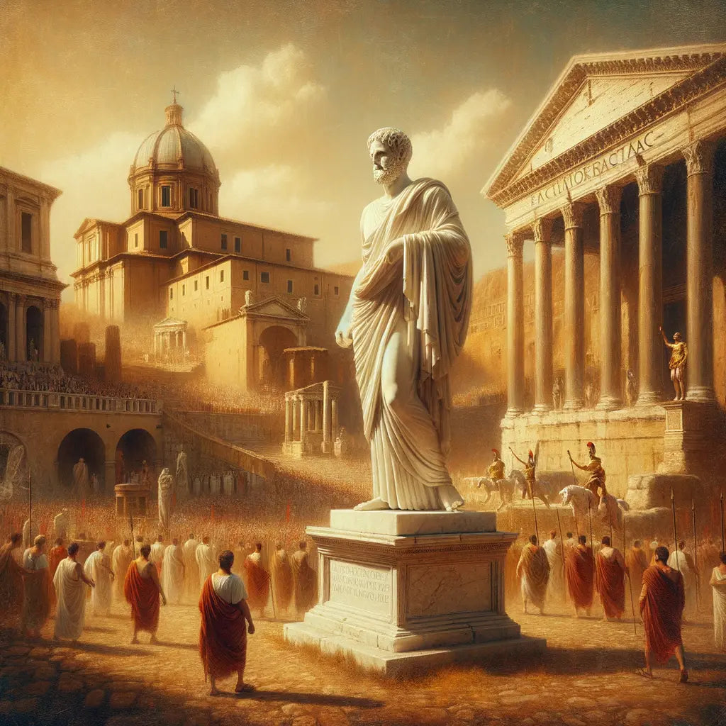 A serene statue of an ancient Greek philosopher amidst the bustling chaos of a Roman forum, painted in a 1960s historical epic film style.