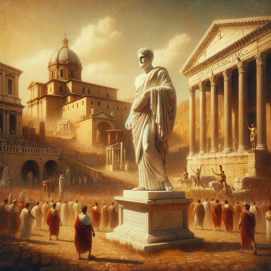 A serene statue of an ancient Greek philosopher amidst the bustling chaos of a Roman forum, painted in a 1960s historical epic film style.